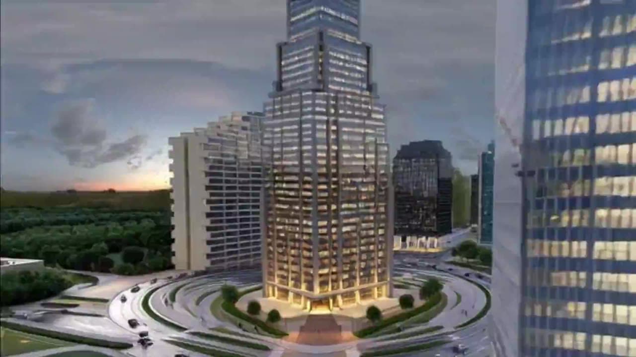 Rendered high-rise tower at dusk from the architectural animation video