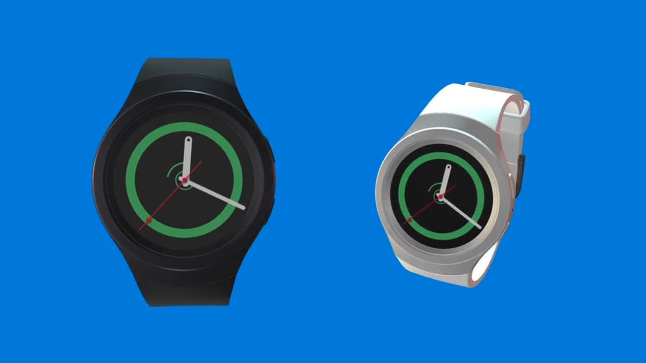 Two rendered smartwatch angles on a blue compositing background