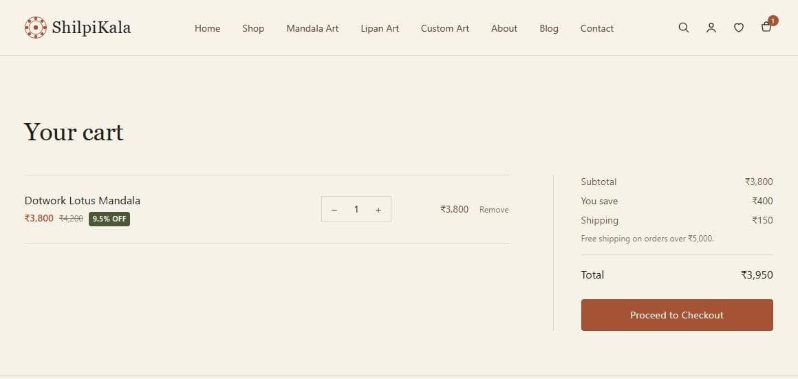 ShilpiKala cart with one item and an order summary