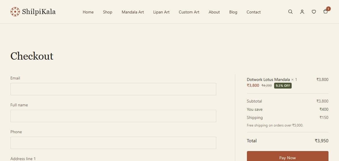 ShilpiKala checkout form beside the order summary and Pay Now button