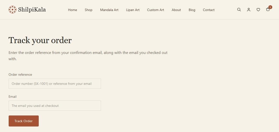 ShilpiKala Track your order form with order reference and email fields